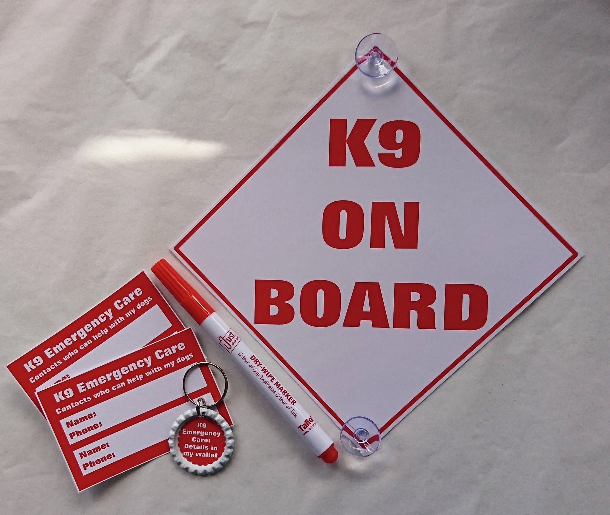 K9 Emergency Care Contact Keyring & Cards and Car Window Sign for Dogs/Pets