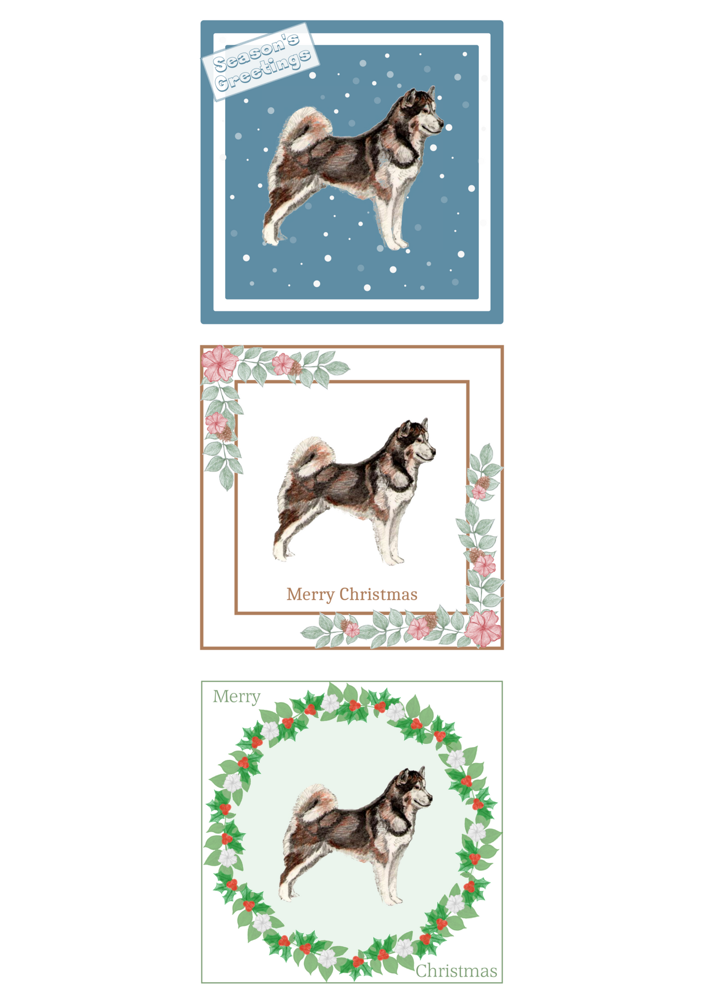 Alaskan Malamute Christmas Card Choice of 3 Card Designs Single or Multi Pack
