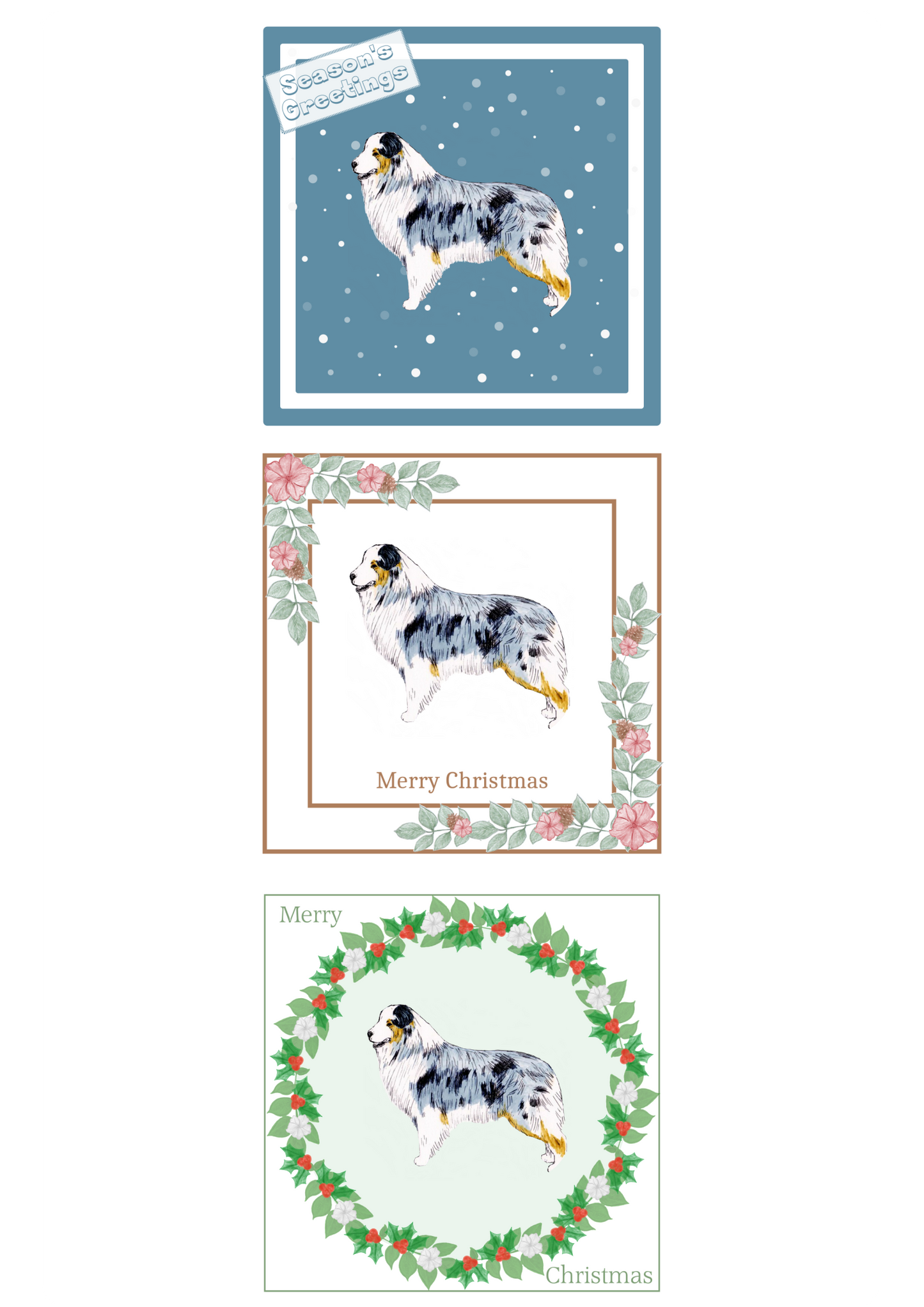 Australian Shepherd Christmas Card Choice of 3 Card Designs Single or Multi Pack
