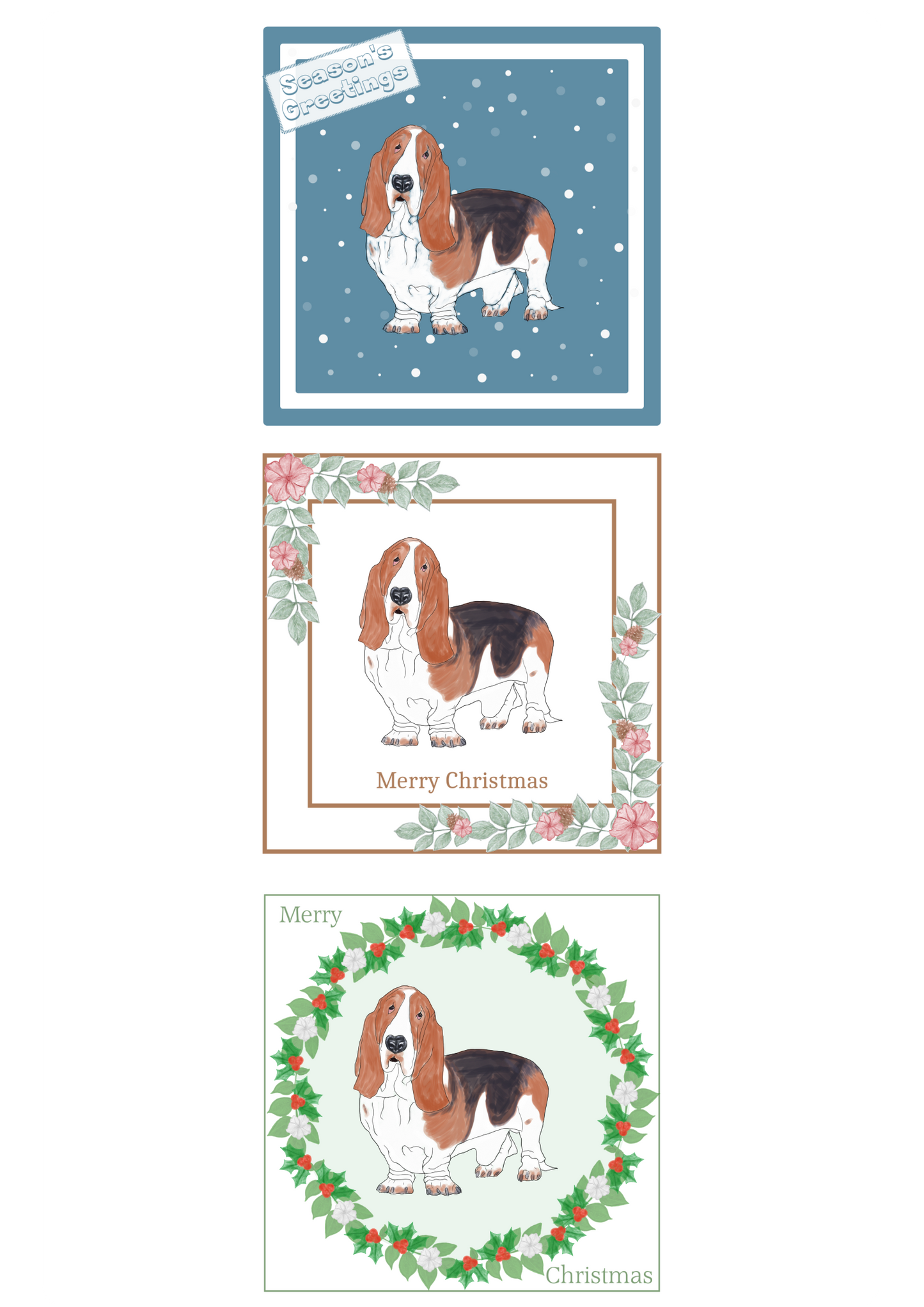 Basset Hound Christmas Card Choice of 3 Card Designs Single or Multi Pack