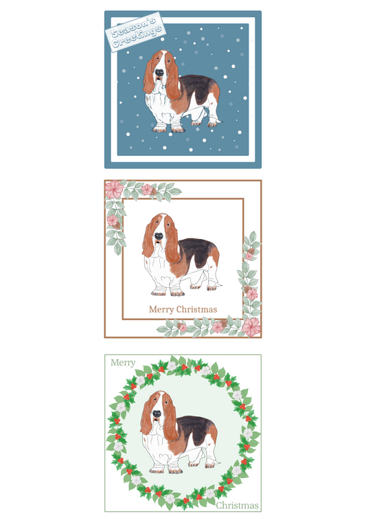 Basset Hound Christmas Card Choice of 3 Card Designs Single or Multi Pack