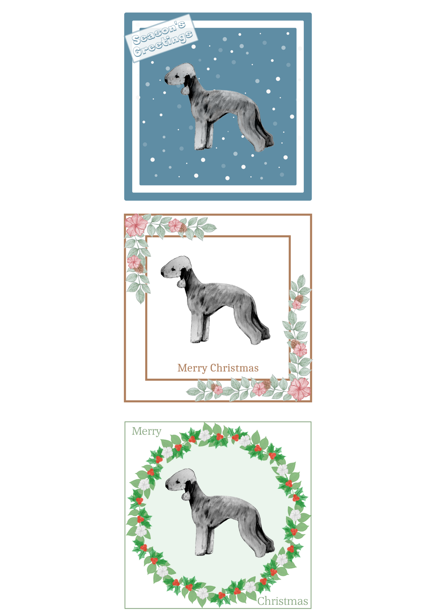 Bedlington Terrier Christmas Card Choice of 3 Card Designs Single or Multi Pack