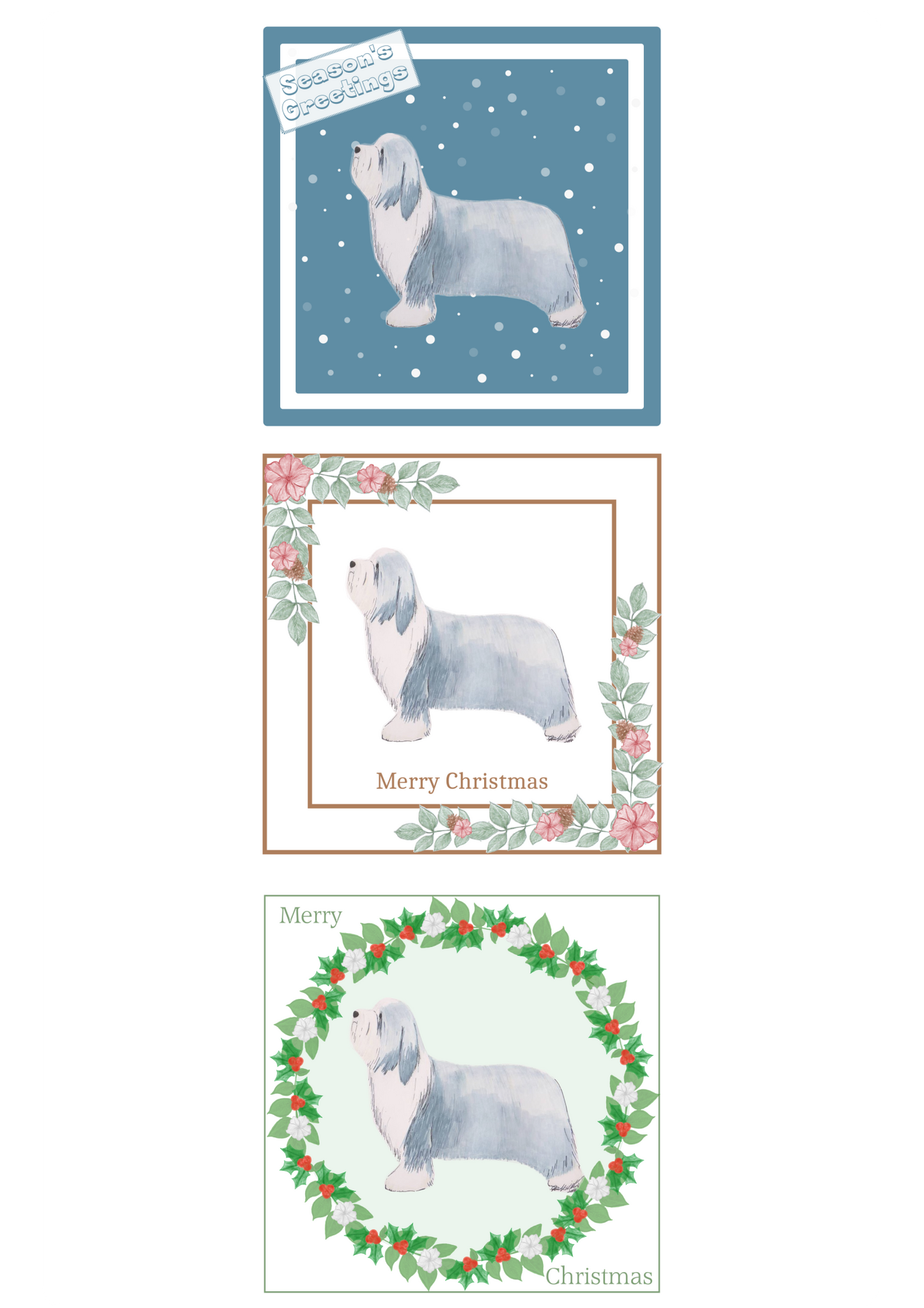 Bearded Collie Christmas Card Choice of 3 Card Designs Single or Multi Pack