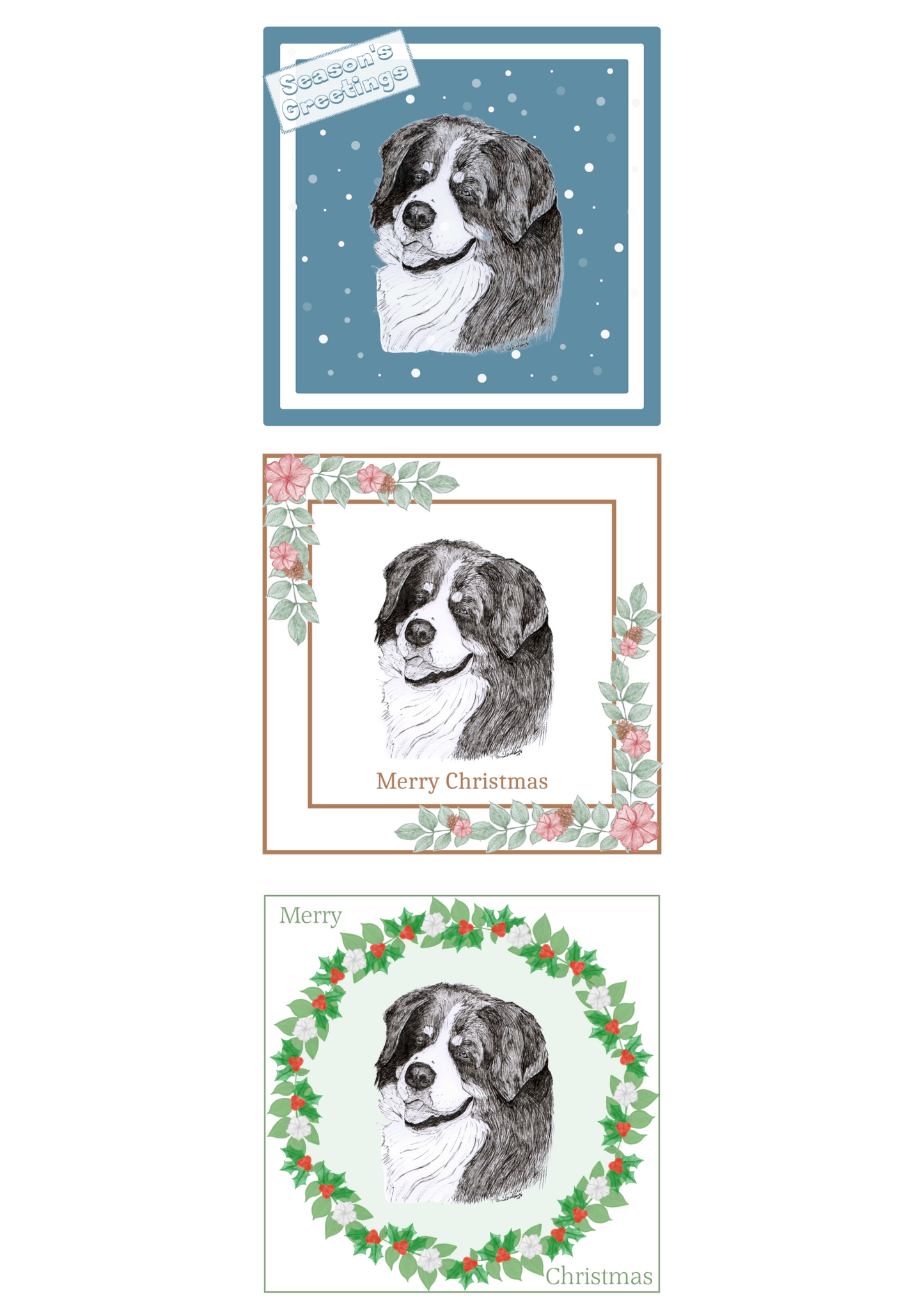 Bernese Mountain Dog Christmas Card Choice of 3 Card Designs Single or Multi Pack