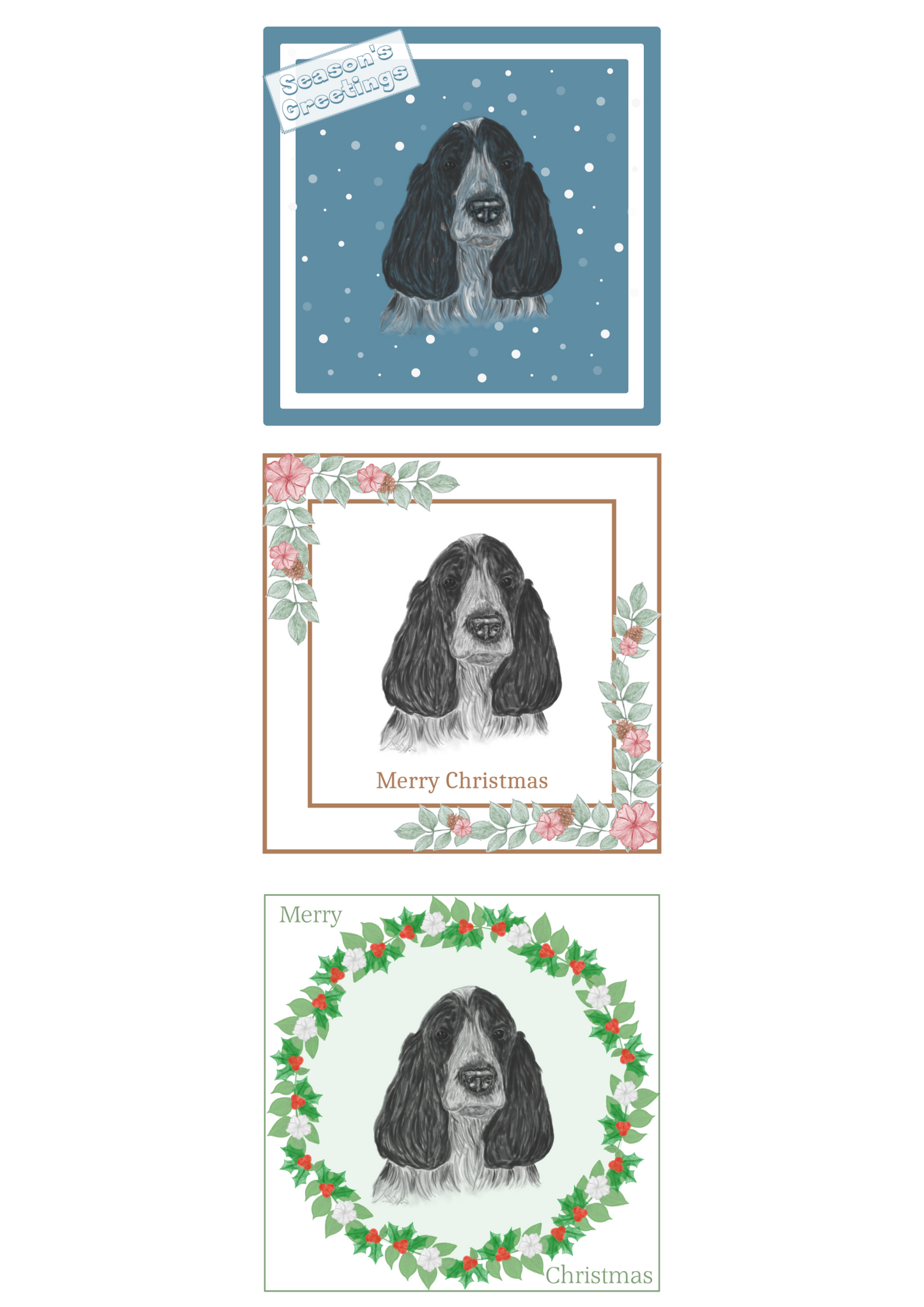 Blue Roan Cocker Spaniel Christmas Card Choice of 3 Card Designs Single or Multi Pack