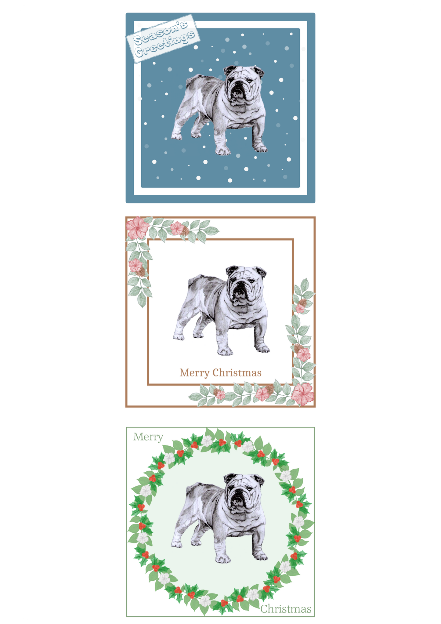 Bulldog Christmas Card Choice of 3 Card Designs Single or Multi Pack