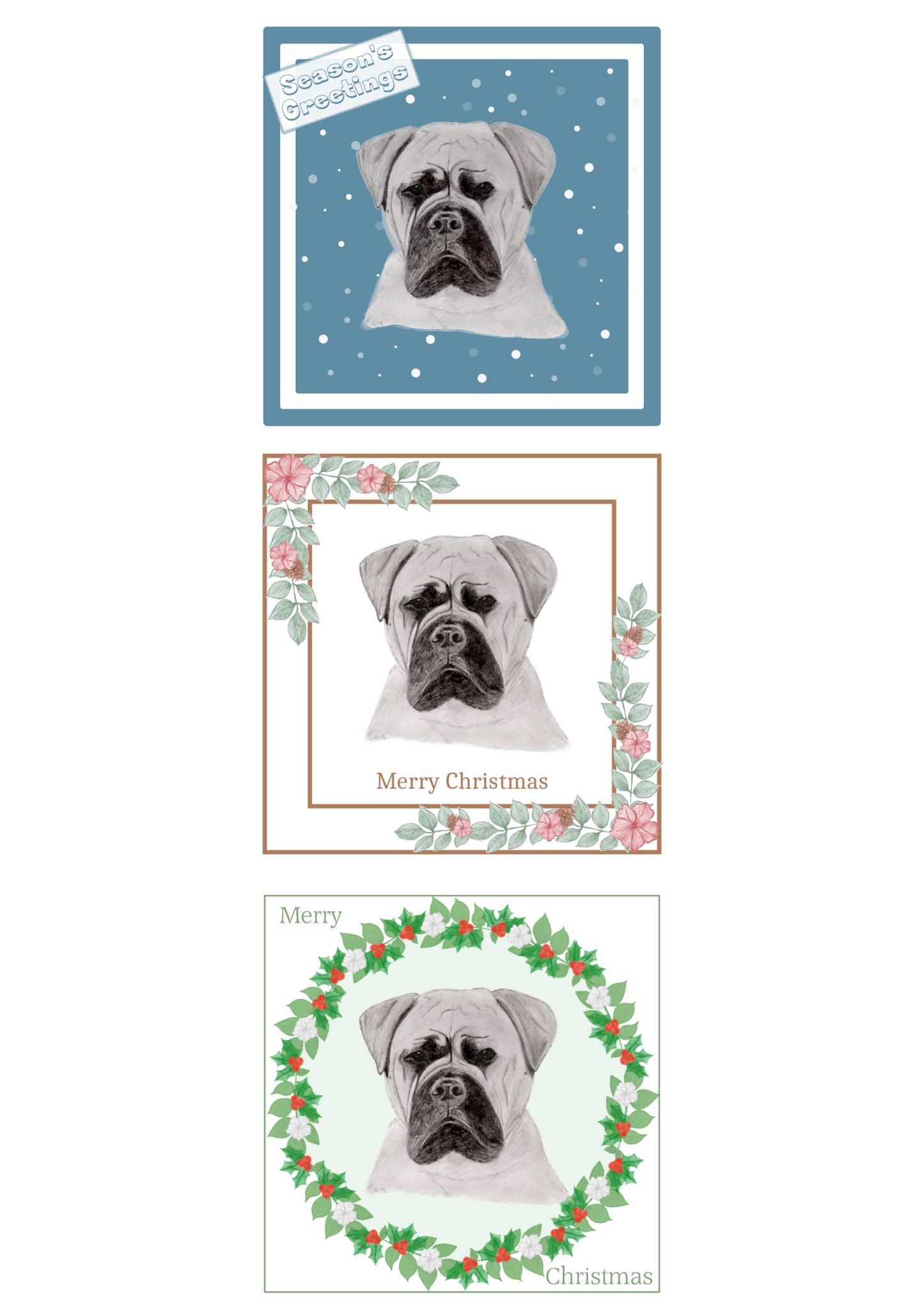 Bullmastiff Christmas Card Choice of 3 Card Designs Single or Multi Pack