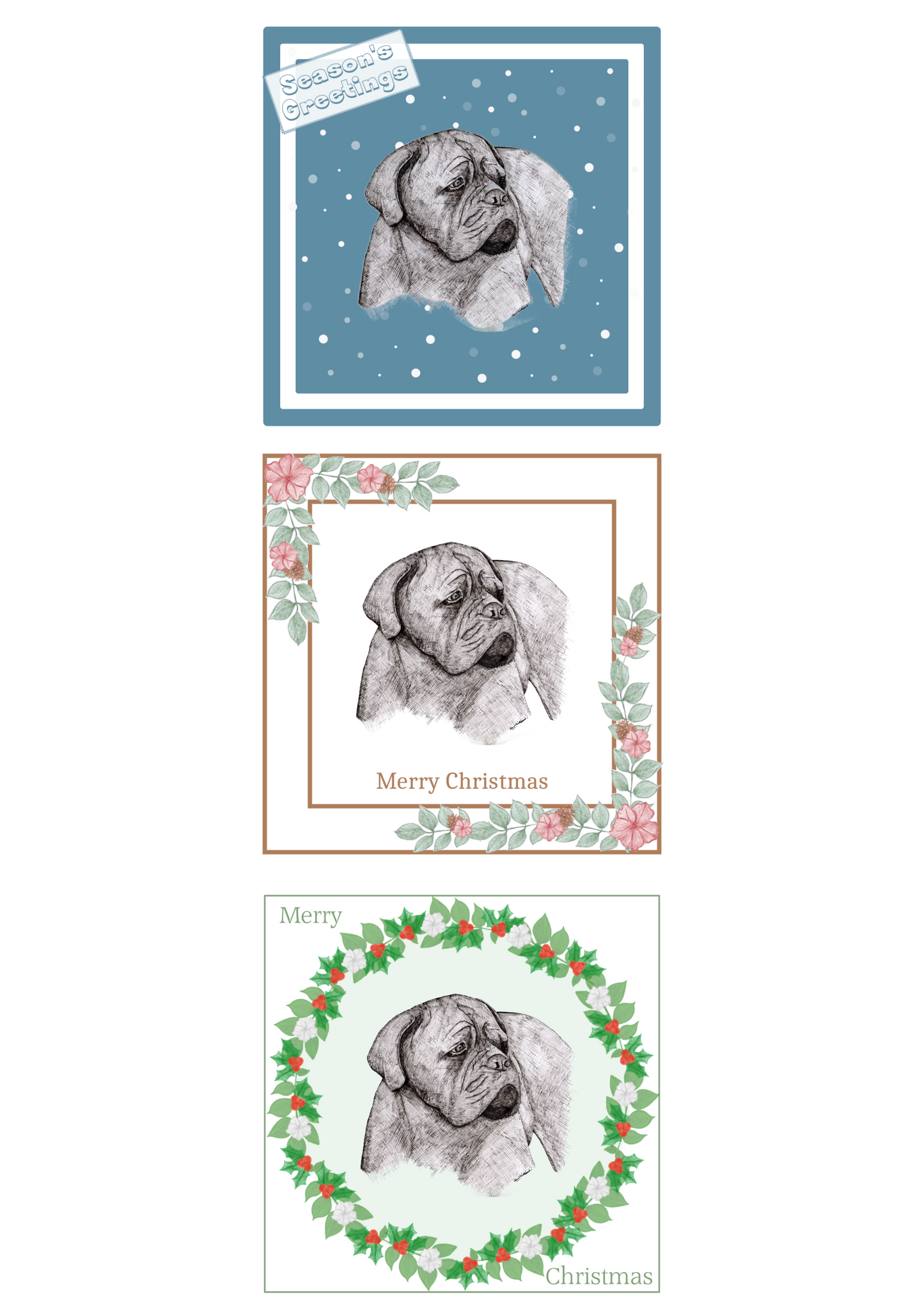 Dogue de Bordeaux Christmas Card Choice of 3 Card Designs Single or Multi Pack
