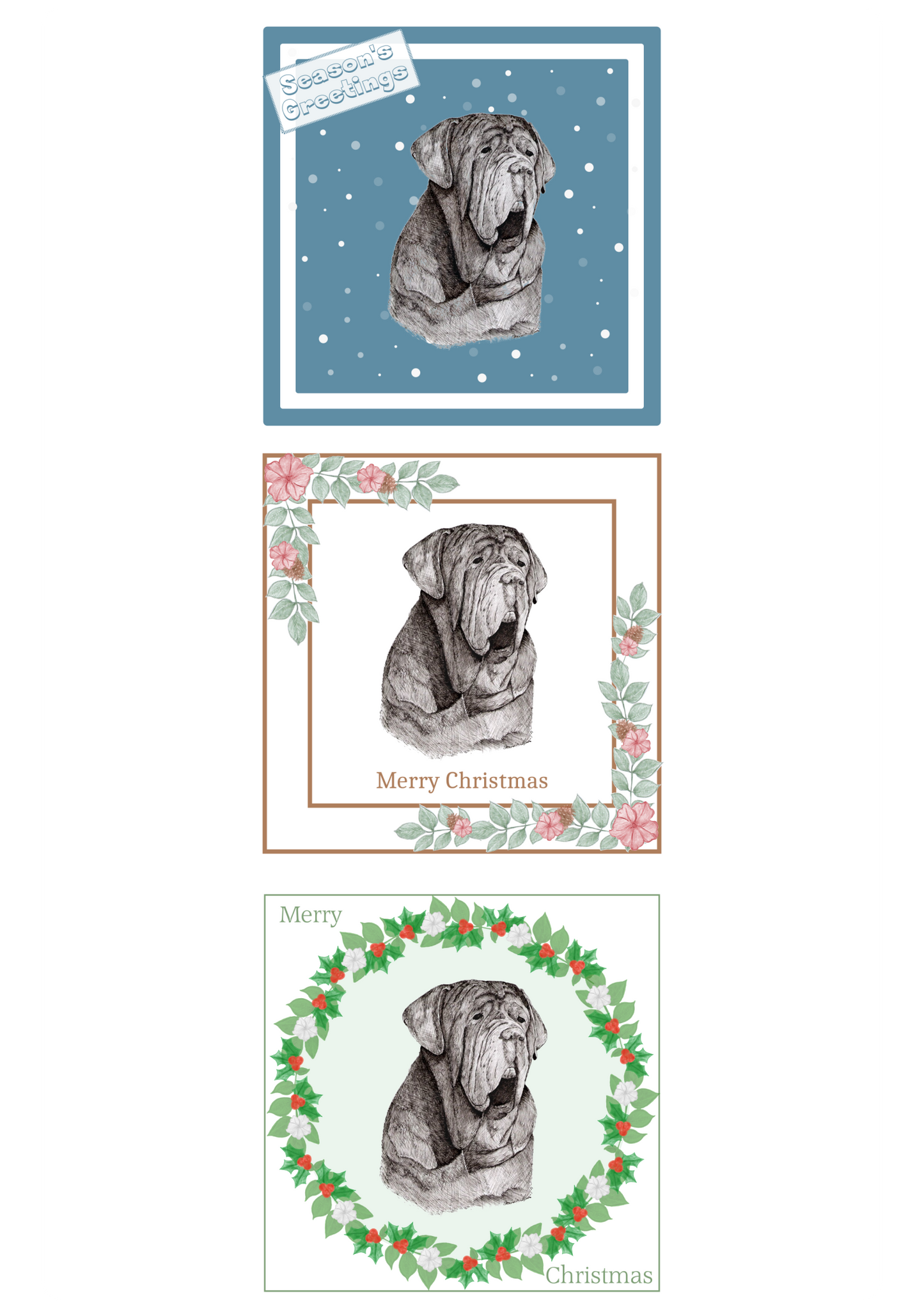 Neapolitan Mastiff Christmas Card Choice of 3 Card Designs Single or Multi Pack