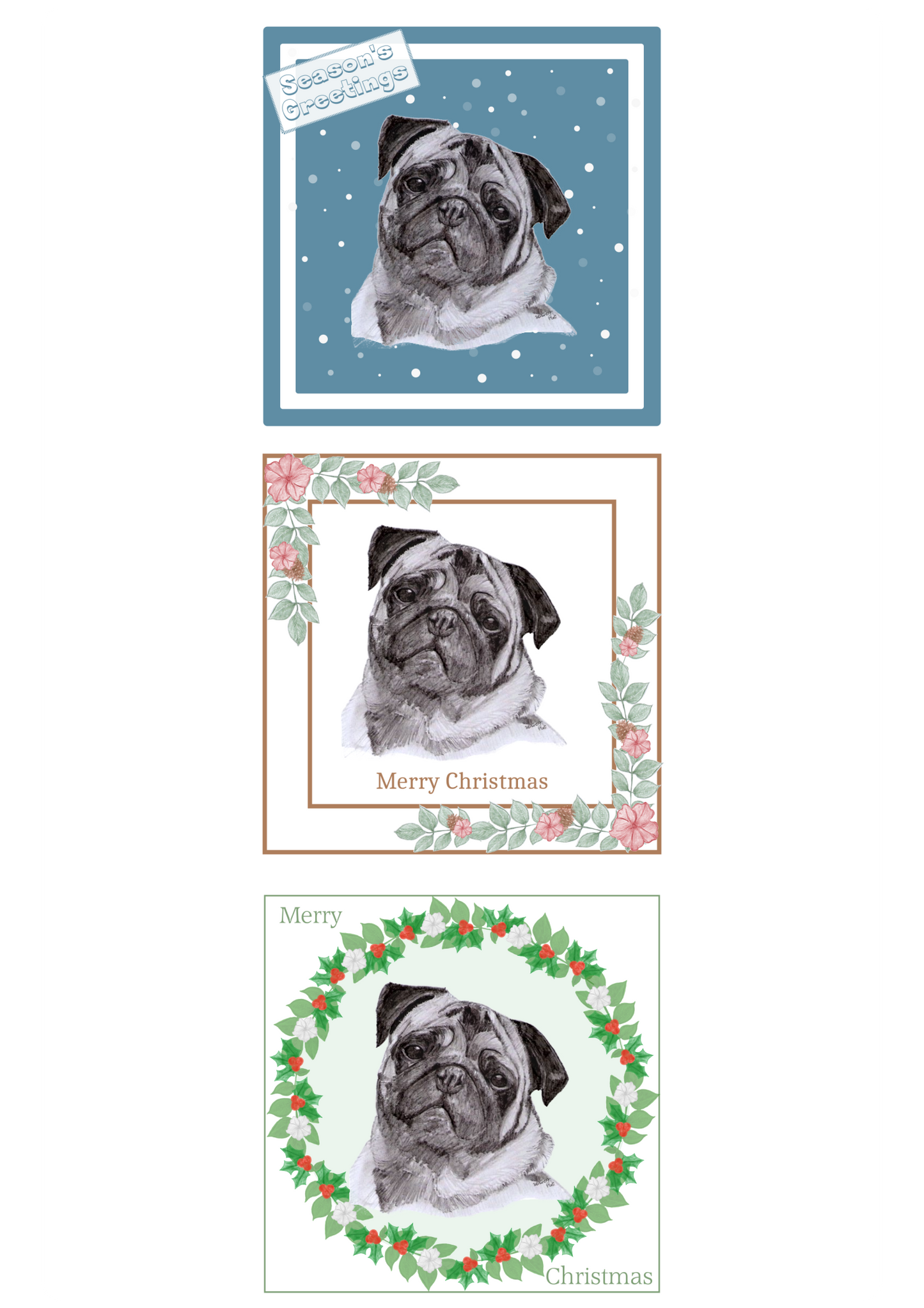 Pug Christmas Card Choice of 3 Card Designs Single or Multi Pack