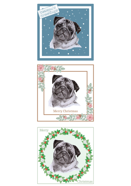 Pug Christmas Card Choice of 3 Card Designs Single or Multi Pack