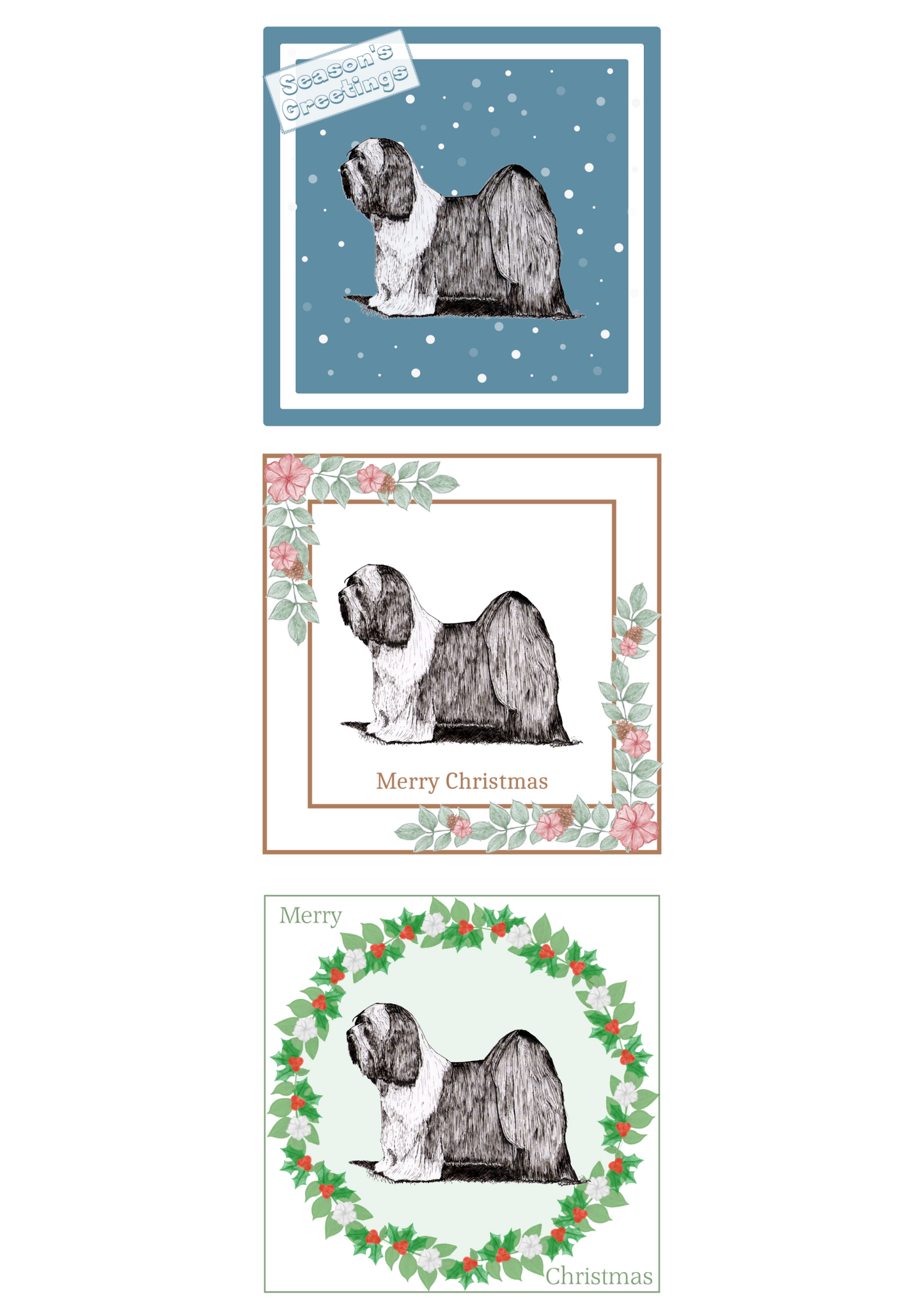 Tibetan Terrier Christmas Card Choice of 3 Card Designs Single or Multi Pack